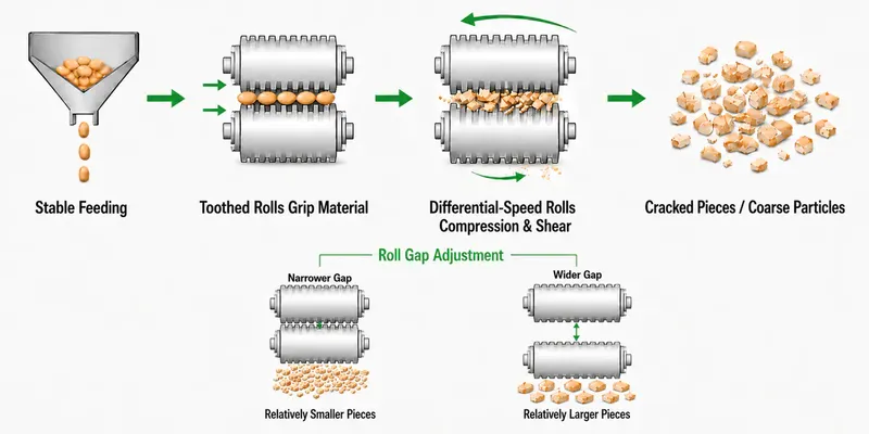 Diagram showing stable feeding, toothed rolls gripping the material, differential-speed compression and shear, roll-gap adjustment, and discharge as cracked pieces or coarse particles.