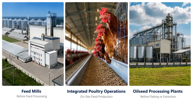 Three typical C-Series cracking mill application settings: feed mills before feed processing, integrated poultry operations with on-site feed production, and oilseed processing plants before flaking or extraction.